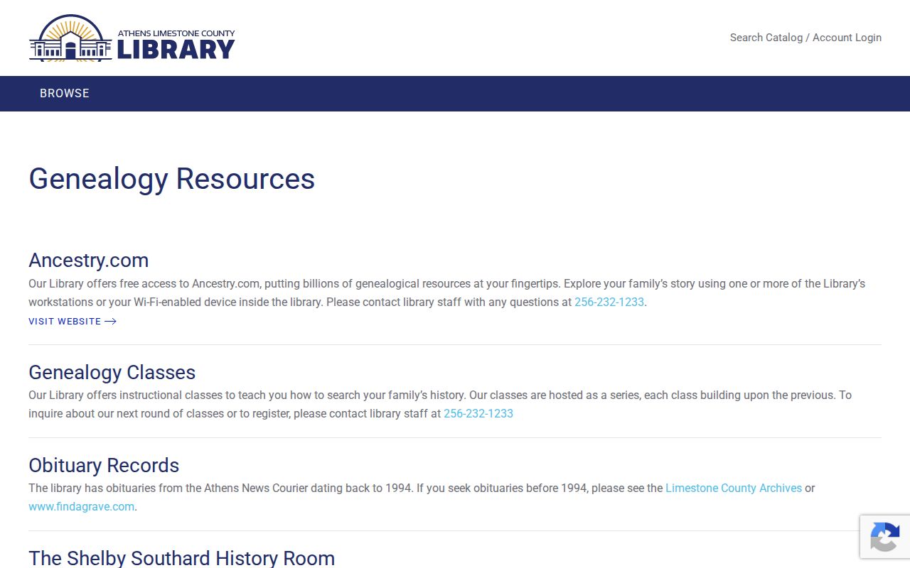 Athens directory genealogy resources at Athens-Limestone Public Library