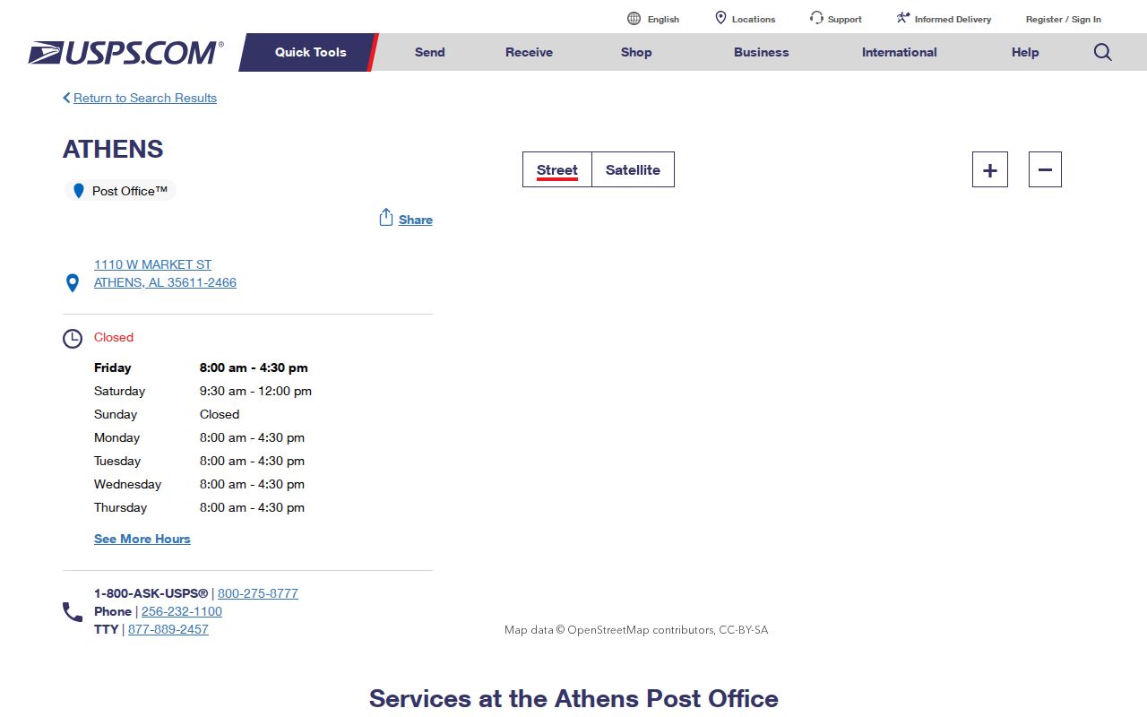 Athens ZIP code directory source showing the USPS Athens facility